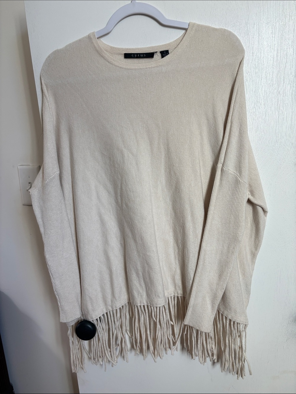 Cyrus Cream Fringe Hem Crew Neck Sweater